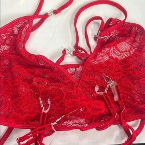 G World Intimates lace bustier / corset with garter straps/ Rhinestones Red OS